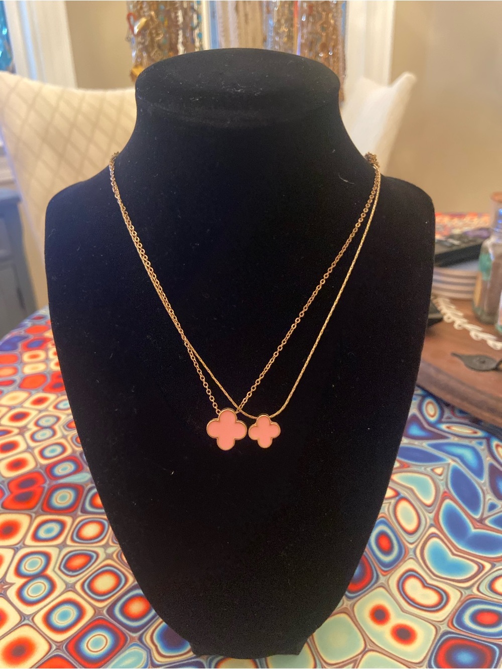 Gold Double-Layer Necklace with Pink Clover Pendants